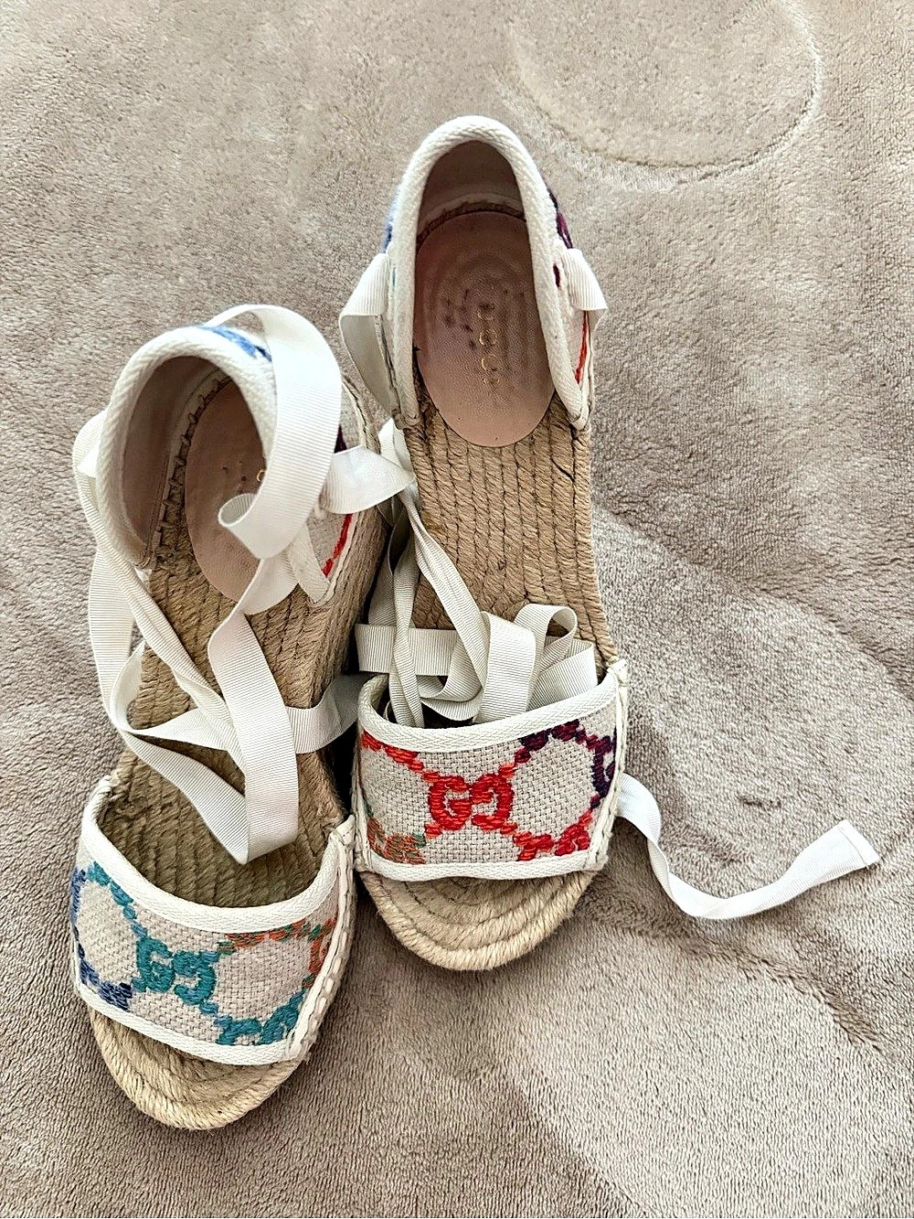 Gucci Pilar GG Ankle Tie Espadrille Platform Wedge Cream Multicolor